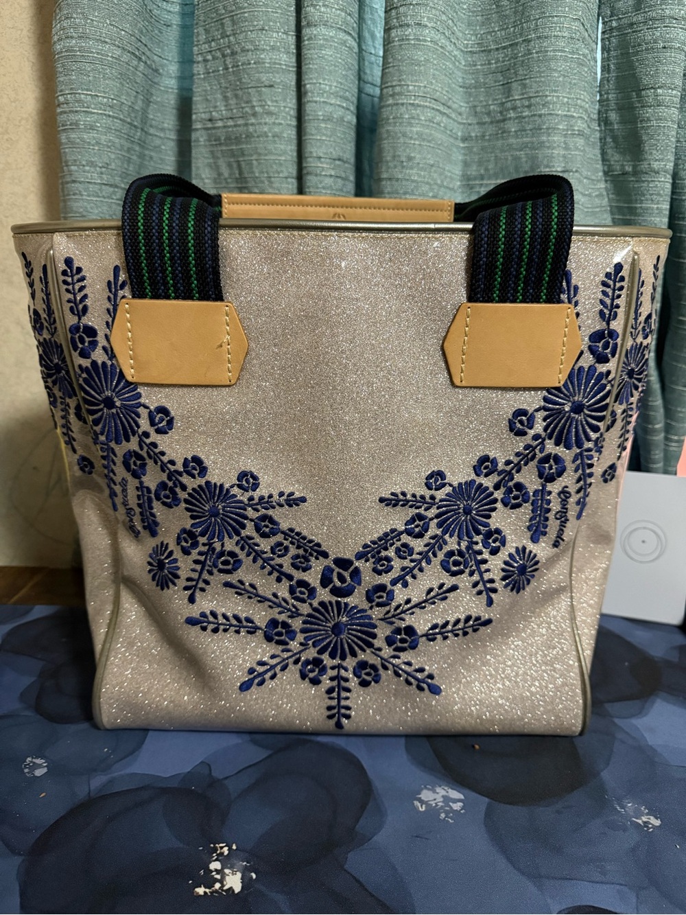 Sparkle Floral Embroidered Tote Bag in Silver and Navy